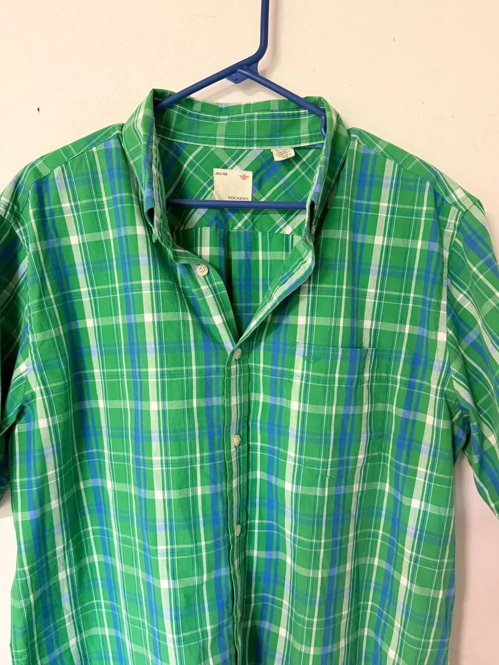 Mens Docker Blue Plaid Multi Colored Button Down Short Sleeve Indigo Size XL